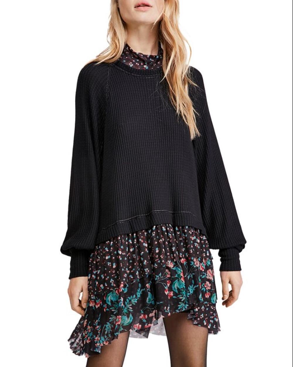 FREE PEOPLE Black Floral Print Long Sleeve Opposite Attract Mini Dress Size XS